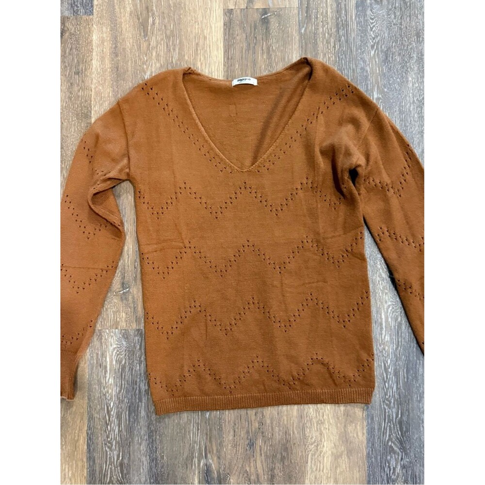 zeagoo V-Neck Pointelle Knit Sweater - Rust Brown
